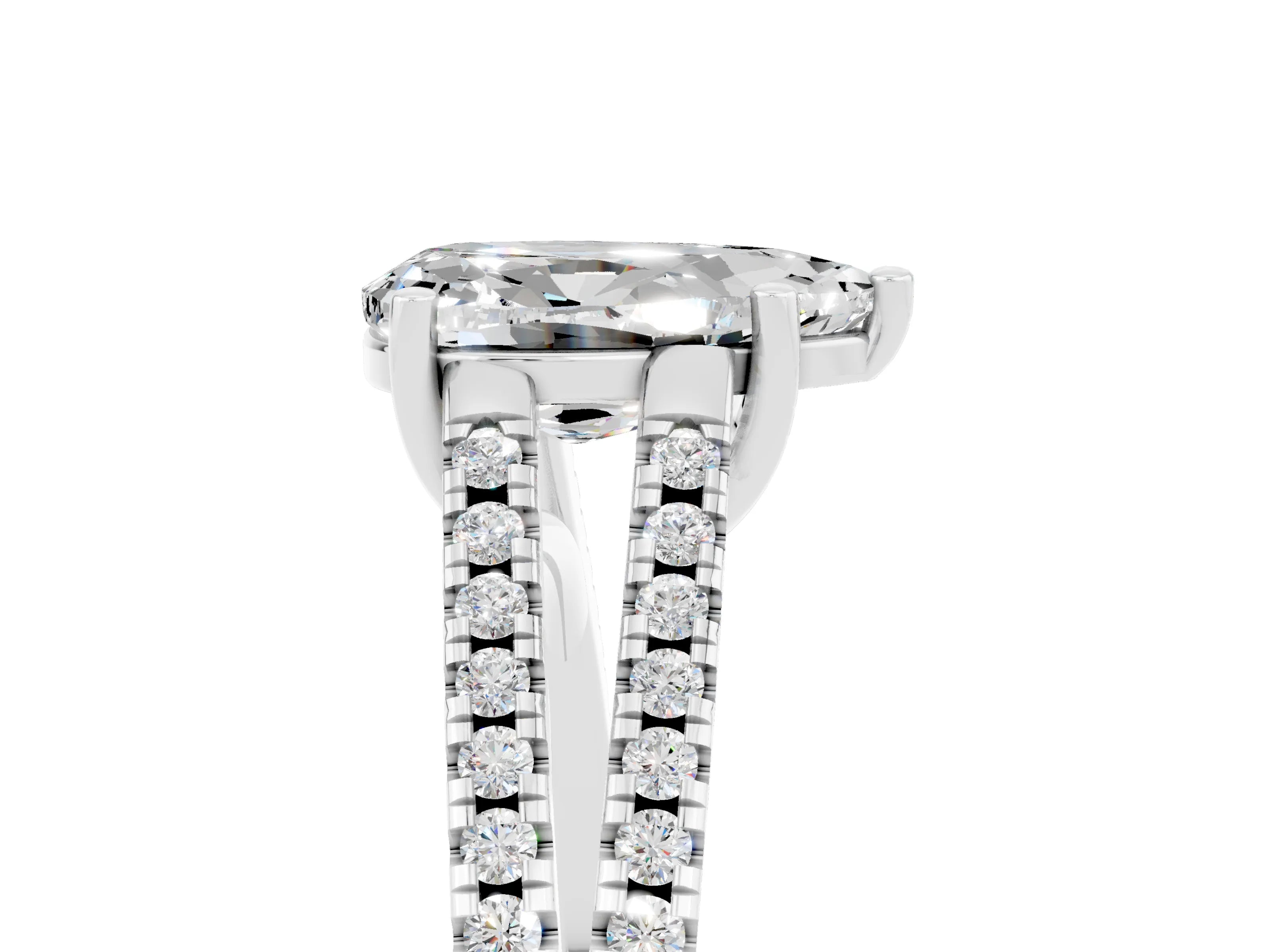 White gold Pear Cut Moissanite Solitaire Engagement Ring with Split Shank Pavé Band_5