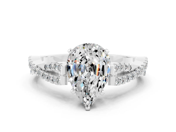 Platinum Pear Cut Moissanite Solitaire Engagement Ring with Twisted Pavé Band and Four-Prong Setting