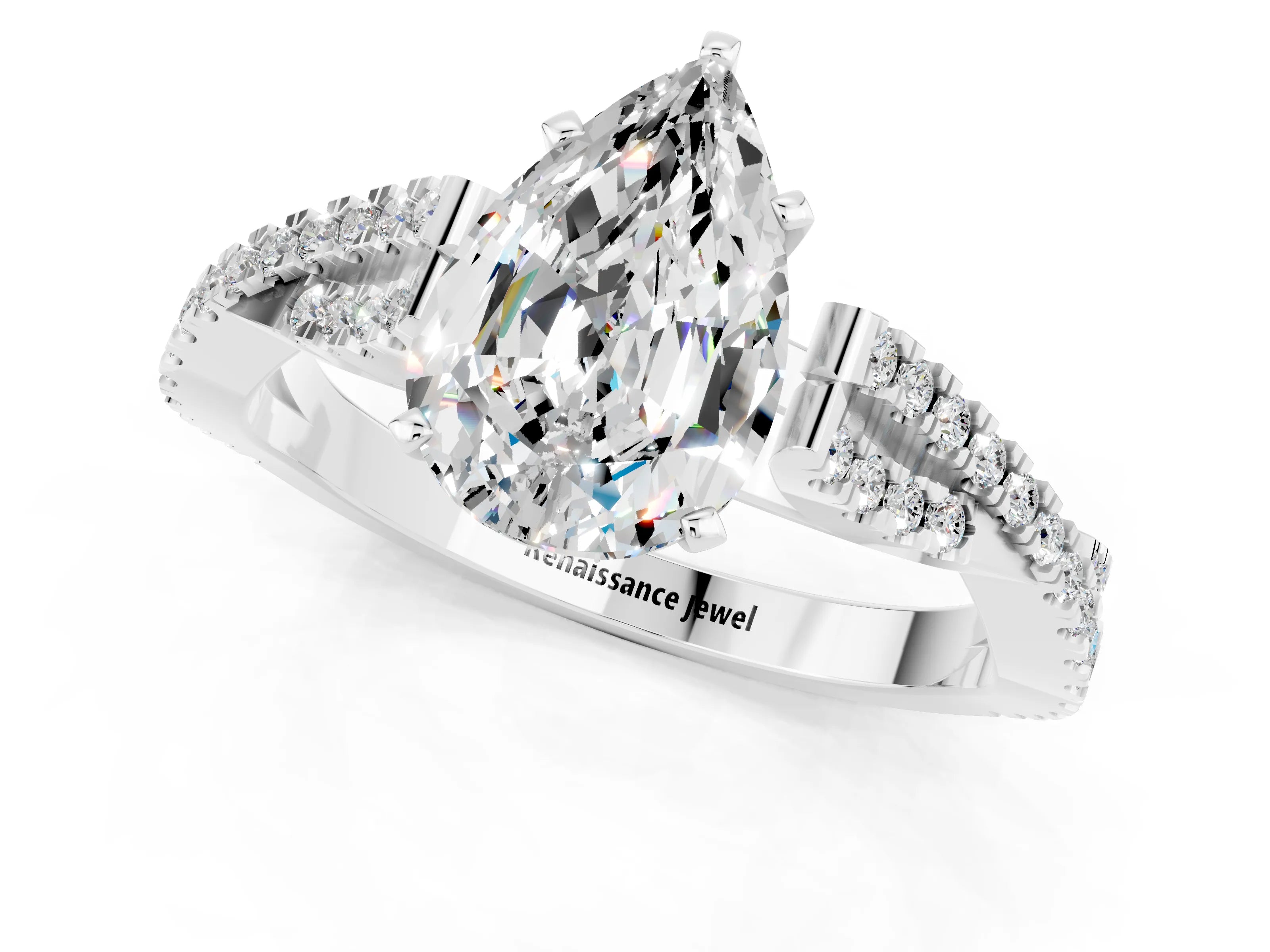 White gold Pear Cut Moissanite Solitaire Engagement Ring with Twisted Pavé Band and Four-Prong Setting_1