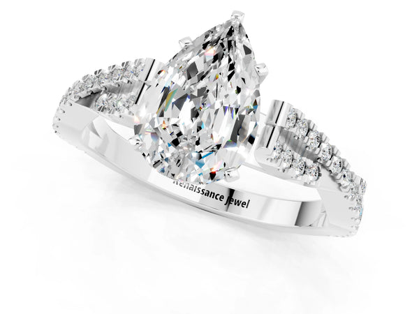 Platinum Pear Cut Moissanite Solitaire Engagement Ring with Twisted Pavé Band and Four-Prong Setting
