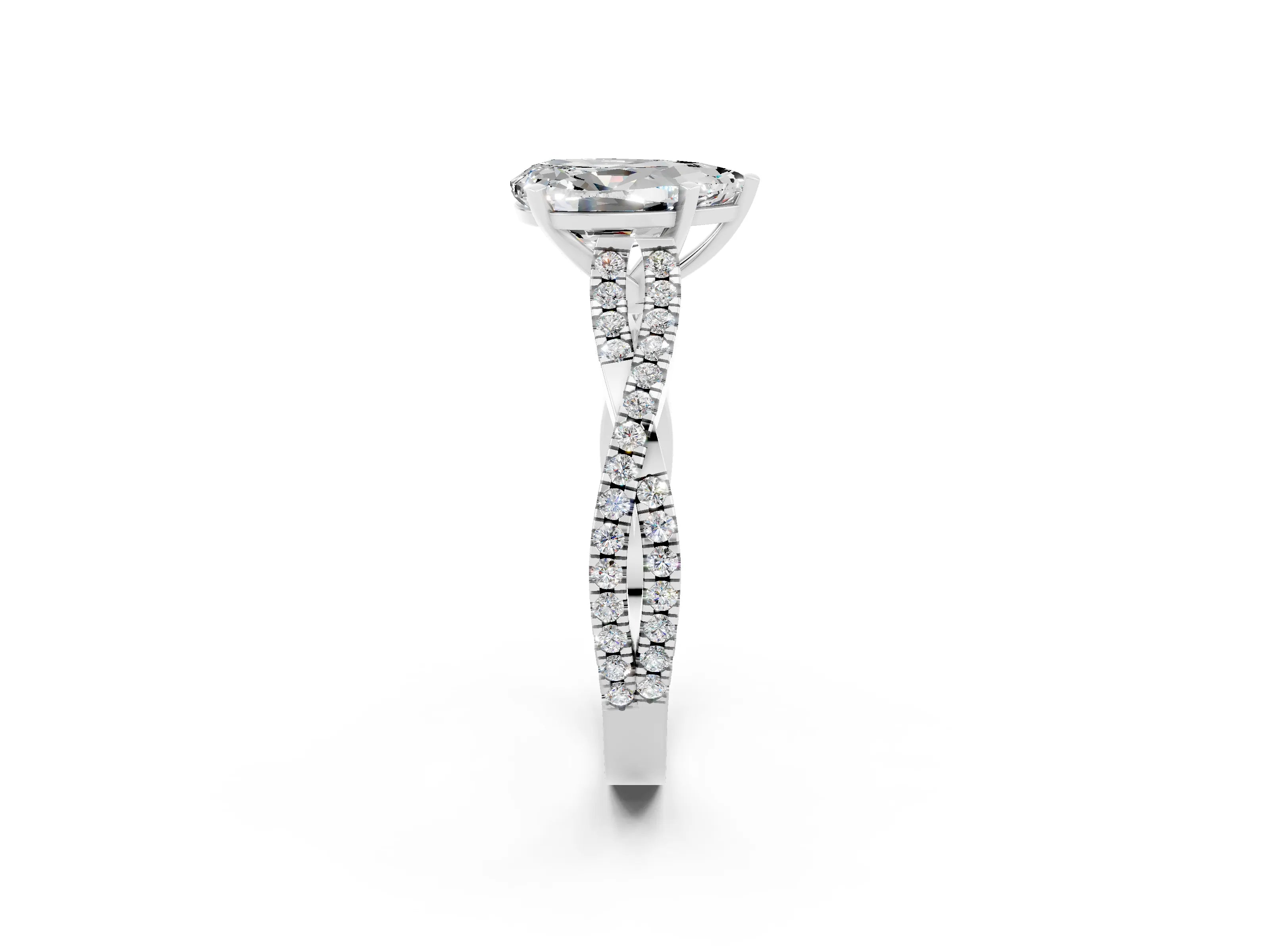 White gold Pear Cut Moissanite Solitaire Engagement Ring with Twisted Pavé Band and Four-Prong Setting_2