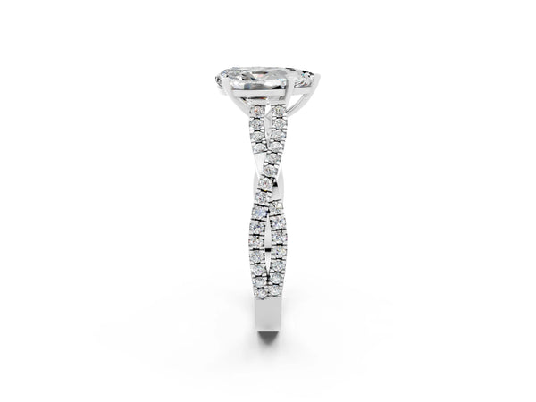 White gold Pear Cut Moissanite Solitaire Engagement Ring with Twisted Pavé Band and Four-Prong Setting