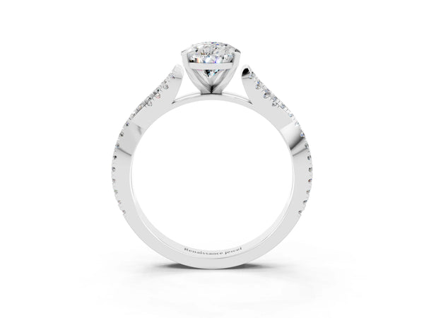 Platinum Pear Cut Moissanite Solitaire Engagement Ring with Twisted Pavé Band and Four-Prong Setting