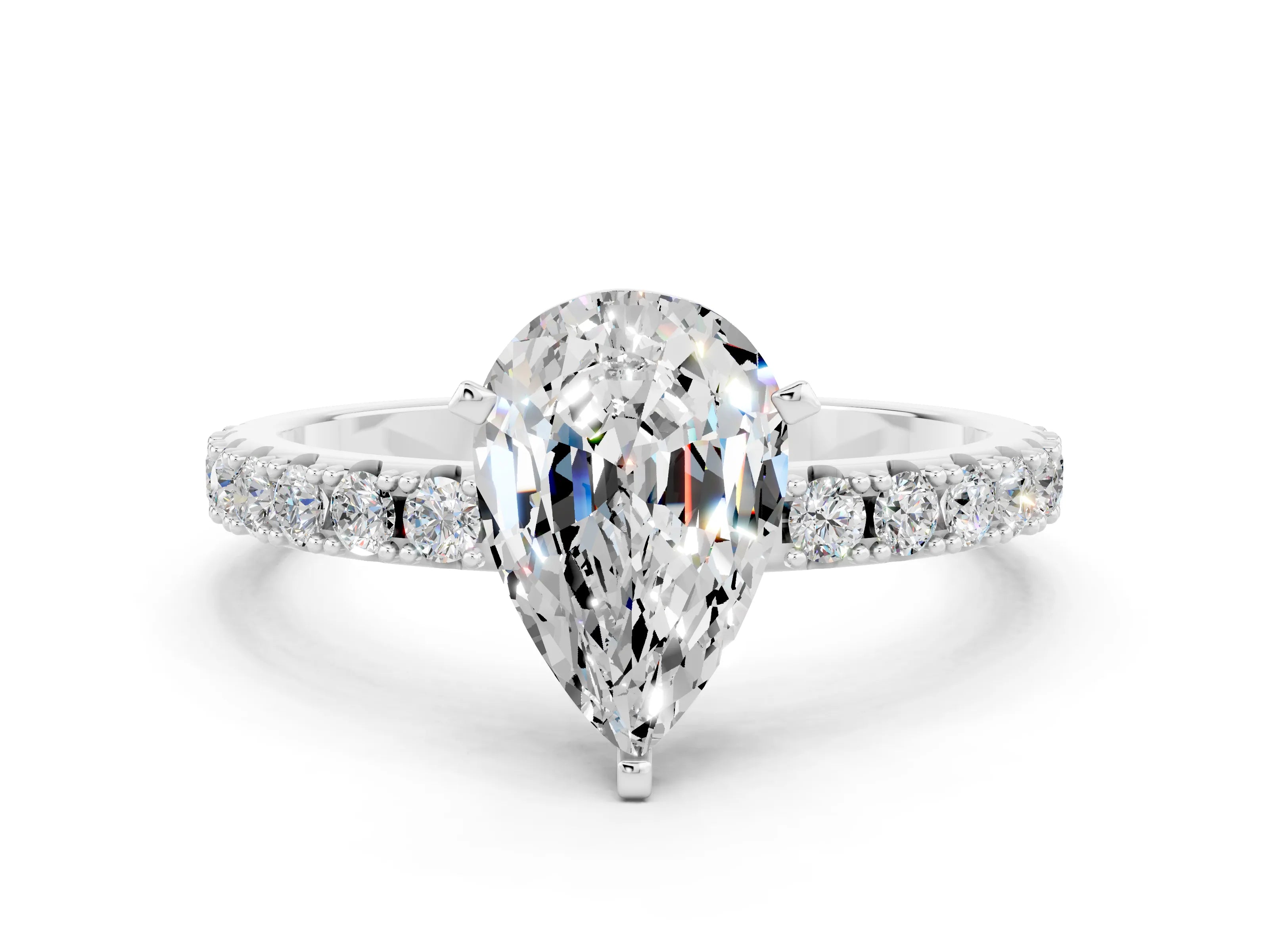 White gold Pear Cut Moissanite Solitaire Pavé Band with Four-Prong Setting