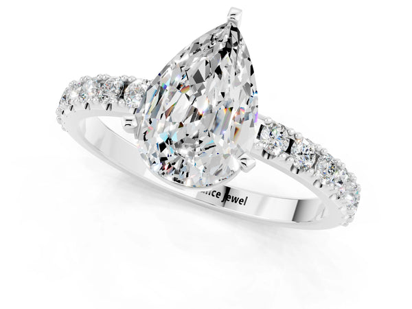 Silver Pear Cut Moissanite Solitaire Pavé Band with Four-Prong Setting