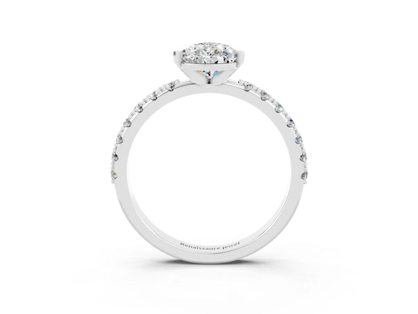 Platinum Pear Cut Moissanite Solitaire Pavé Band with Four-Prong Setting