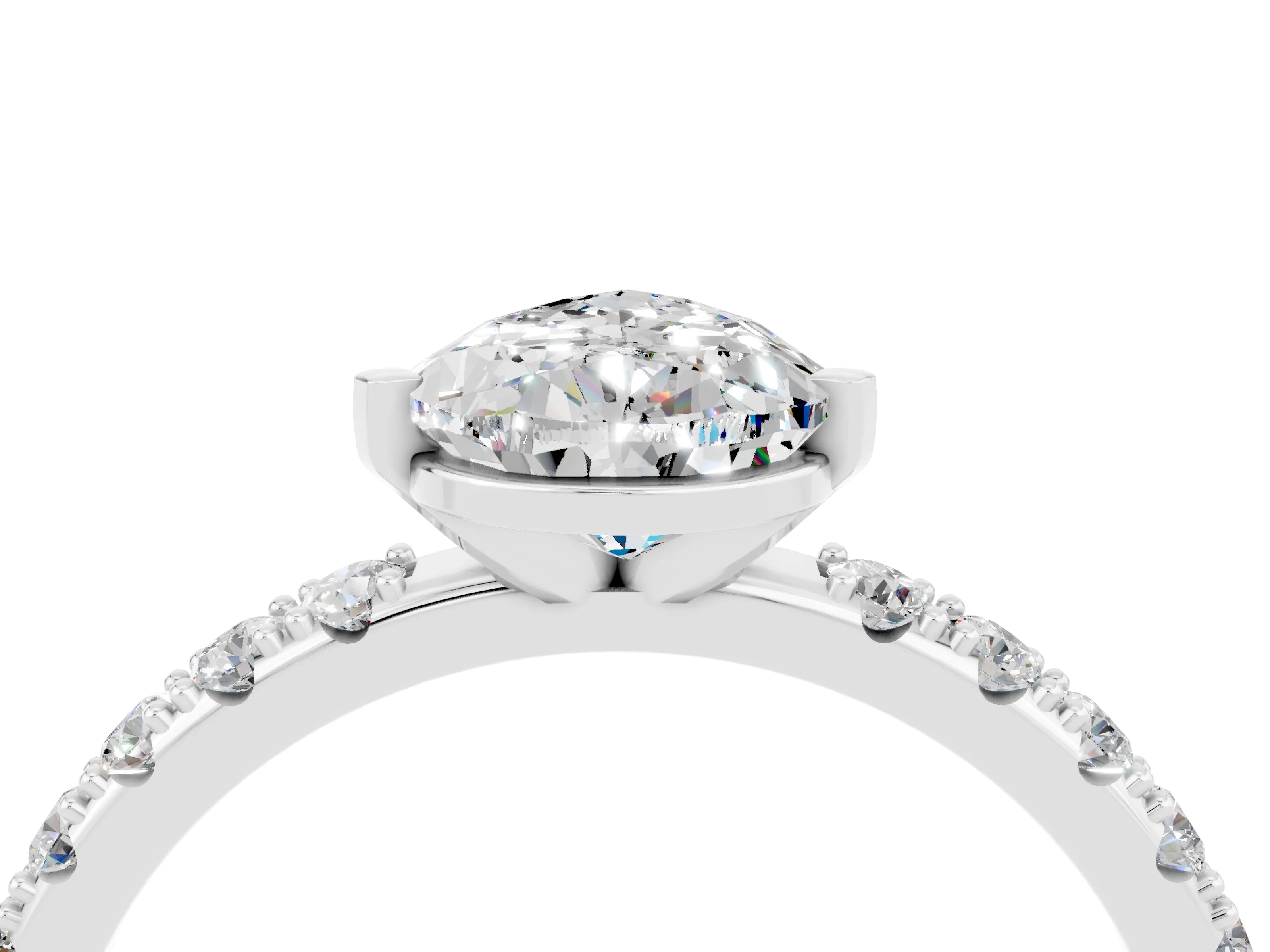 White gold Pear Cut Moissanite Solitaire Pavé Band with Four-Prong Setting_4
