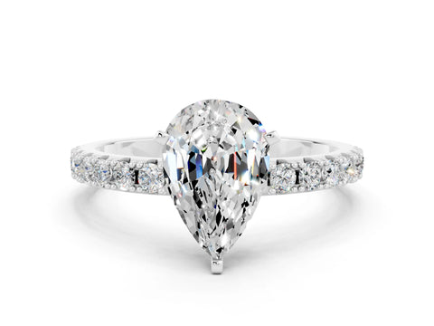 White gold Pear Cut Moissanite Solitaire Pavé Band with Four-Prong Setting