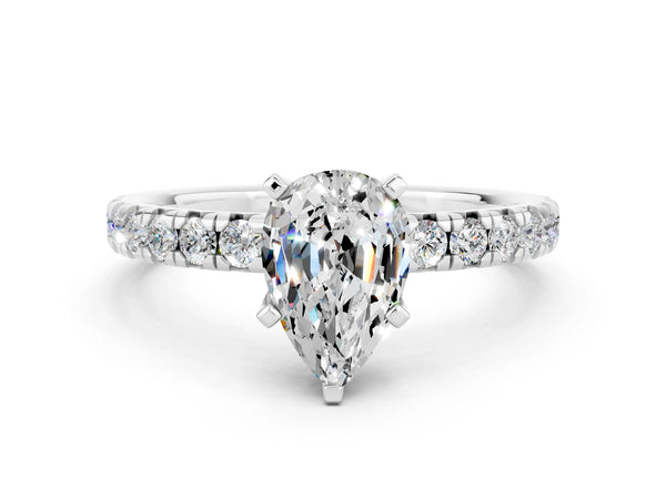 Platinum Pear Cut Moissanite Solitaire Pavé Engagement Ring with Round Band and Prong Setting