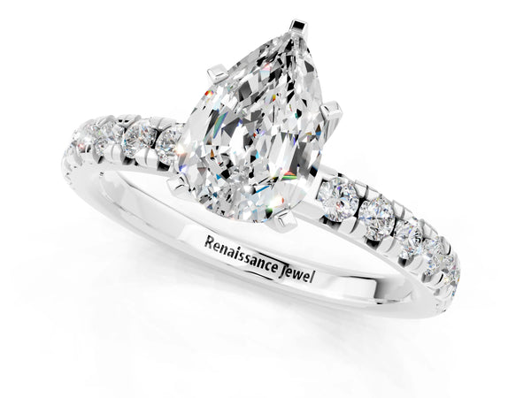 Platinum Pear Cut Moissanite Solitaire Pavé Engagement Ring with Round Band and Prong Setting