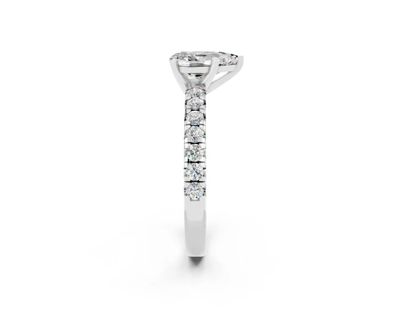 White gold Pear Cut Moissanite Solitaire Pavé Engagement Ring with Round Band and Prong Setting