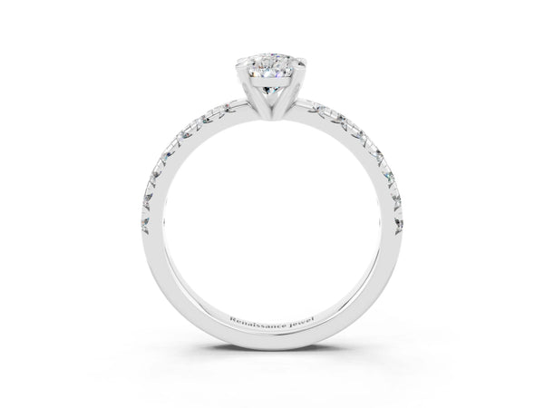 Silver Pear Cut Moissanite Solitaire Pavé Engagement Ring with Round Band and Prong Setting