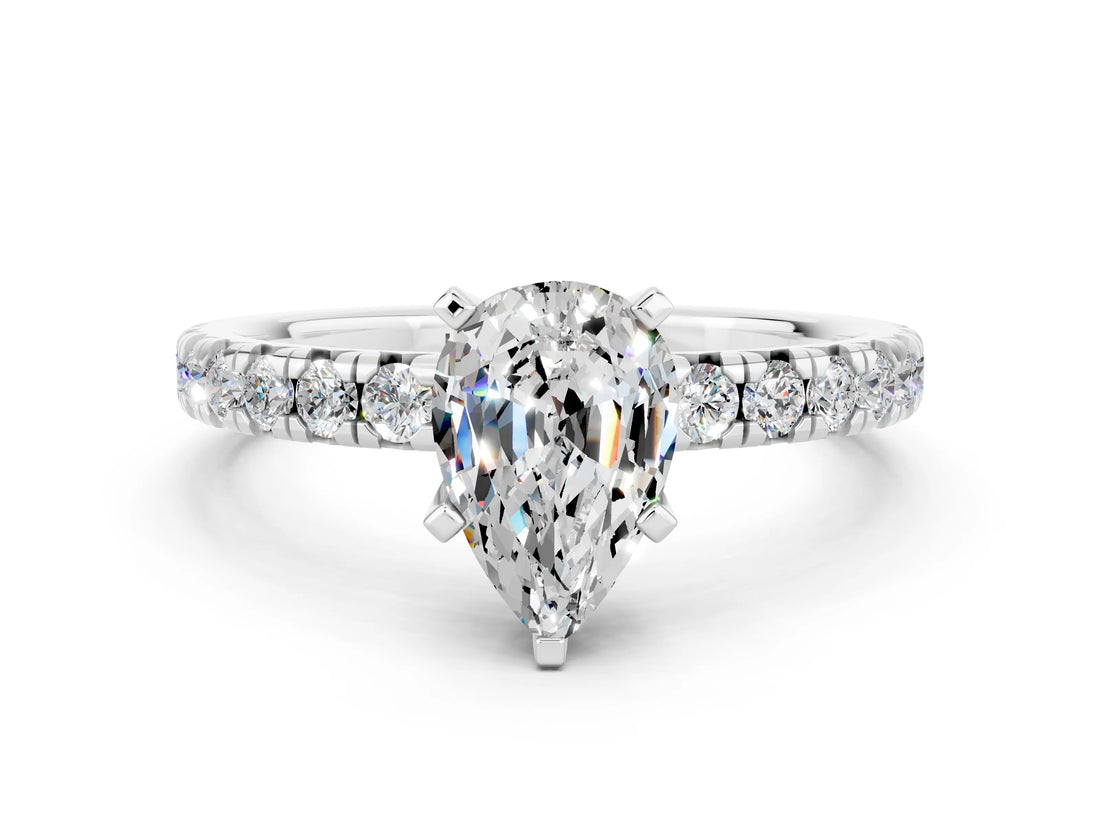 White gold Pear Cut Moissanite Solitaire Pavé Engagement Ring with Round Band and Prong Setting_79
