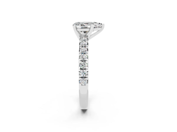 White gold Pear Cut Moissanite Solitaire Pavé Engagement Ring with Round Band and Prong Setting