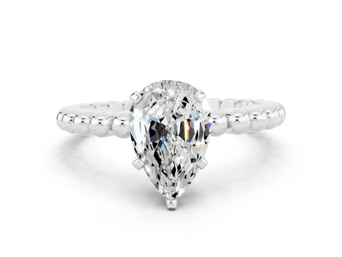 White gold Pear Cut Moissanite Solitaire Ring with Beaded Band and Prong Setting_36