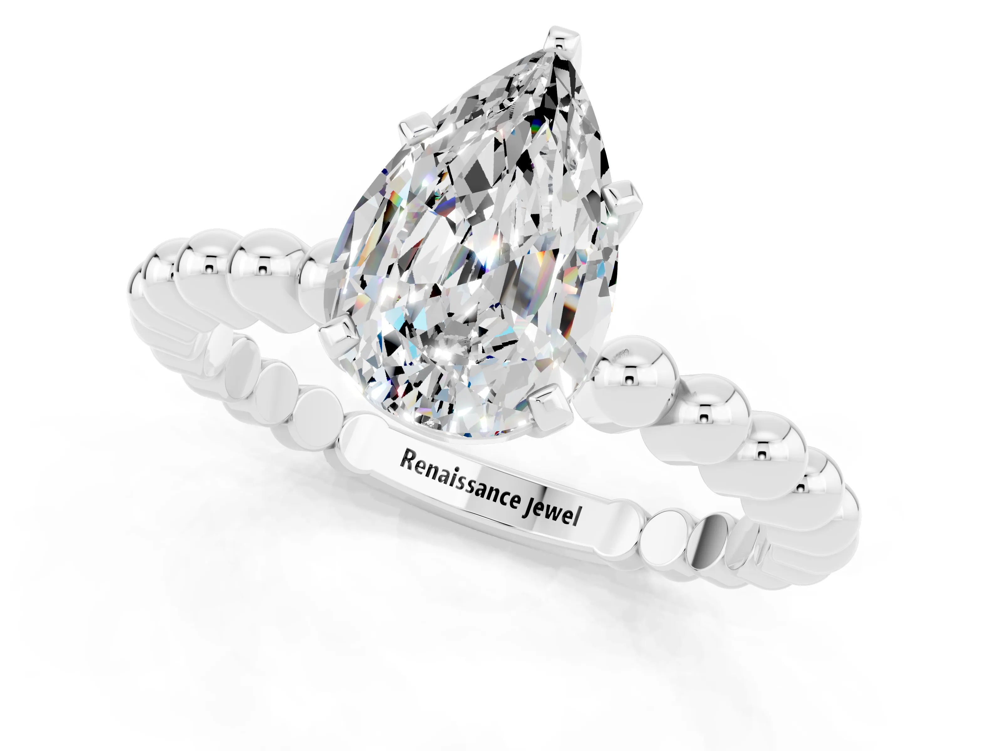 White gold Pear Cut Moissanite Solitaire Ring with Beaded Band and Prong Setting_37