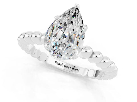 White gold Pear Cut Moissanite Solitaire Ring with Beaded Band and Prong Setting_37