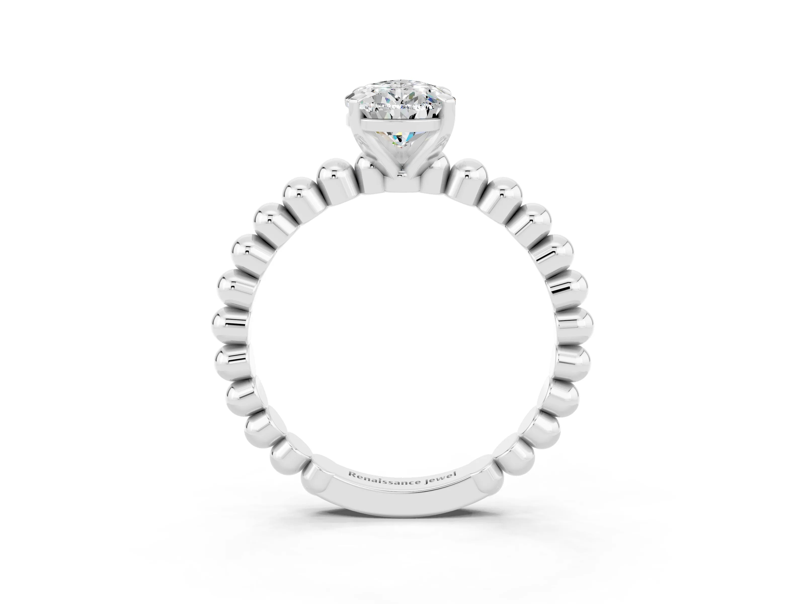 White gold Pear Cut Moissanite Solitaire Ring with Beaded Band and Prong Setting_39