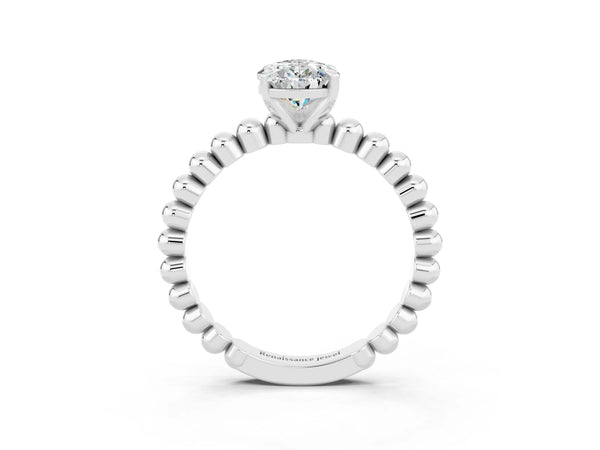 Platinum Pear Cut Moissanite Solitaire Ring with Beaded Band and Prong Setting