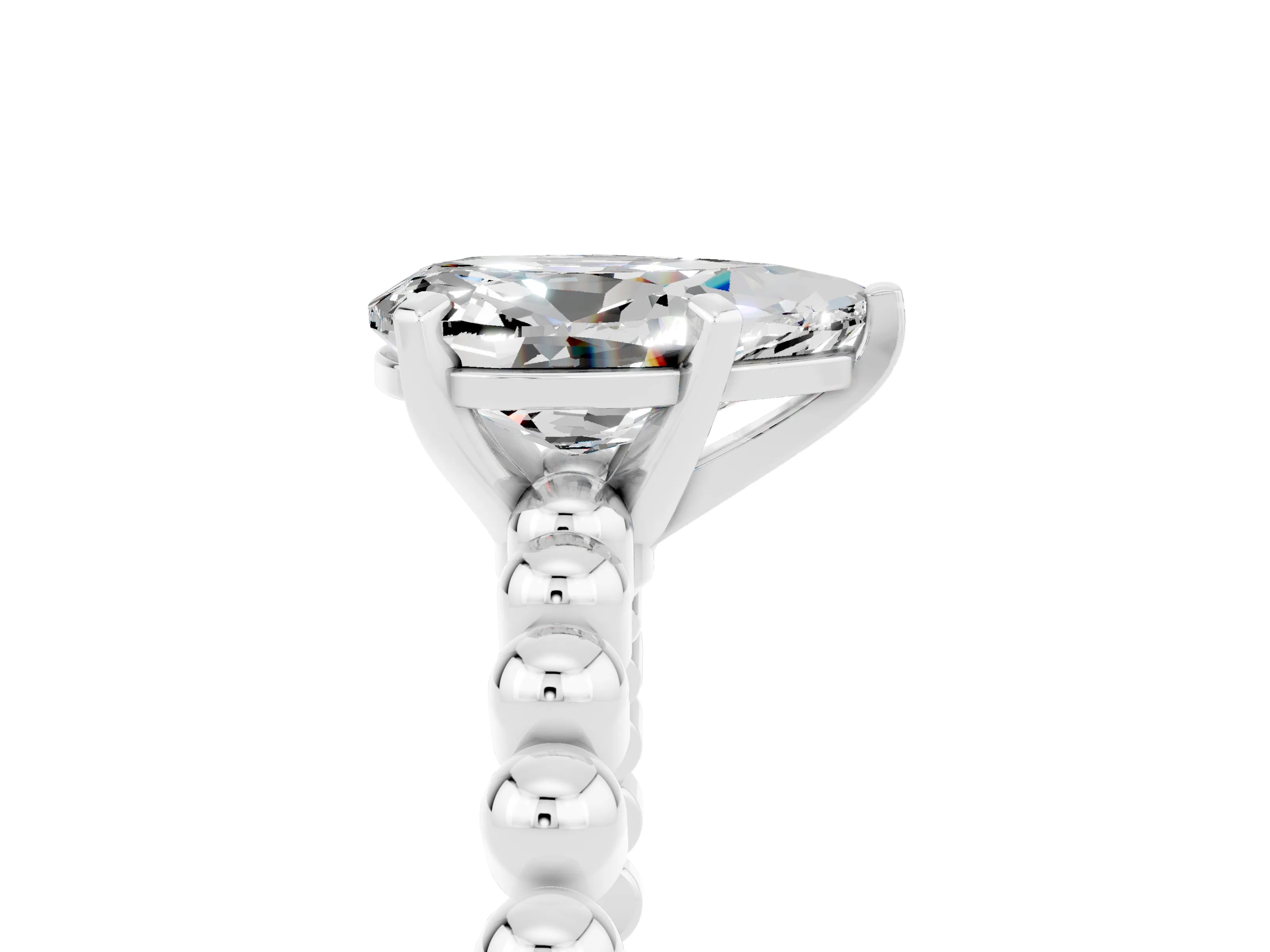 White gold Pear Cut Moissanite Solitaire Ring with Beaded Band and Prong Setting_41