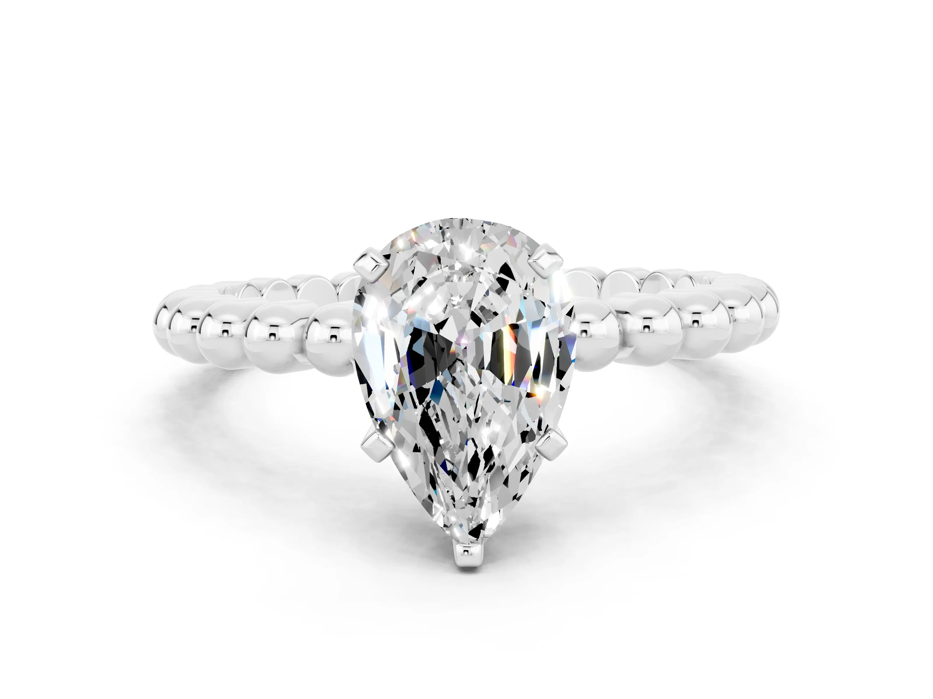 White gold Pear Cut Moissanite Solitaire Ring with Beaded Band and Prong Setting_42