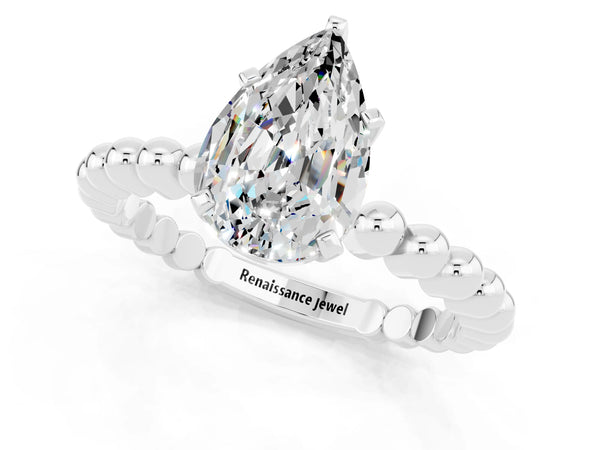 White gold Pear Cut Moissanite Solitaire Ring with Beaded Band and Prong Setting
