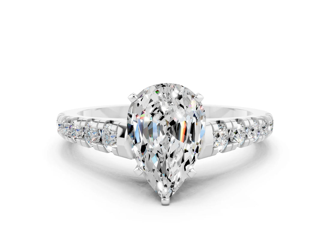 White gold Pear Cut Moissanite Solitaire Ring with Cathedral Setting and Pavé Band