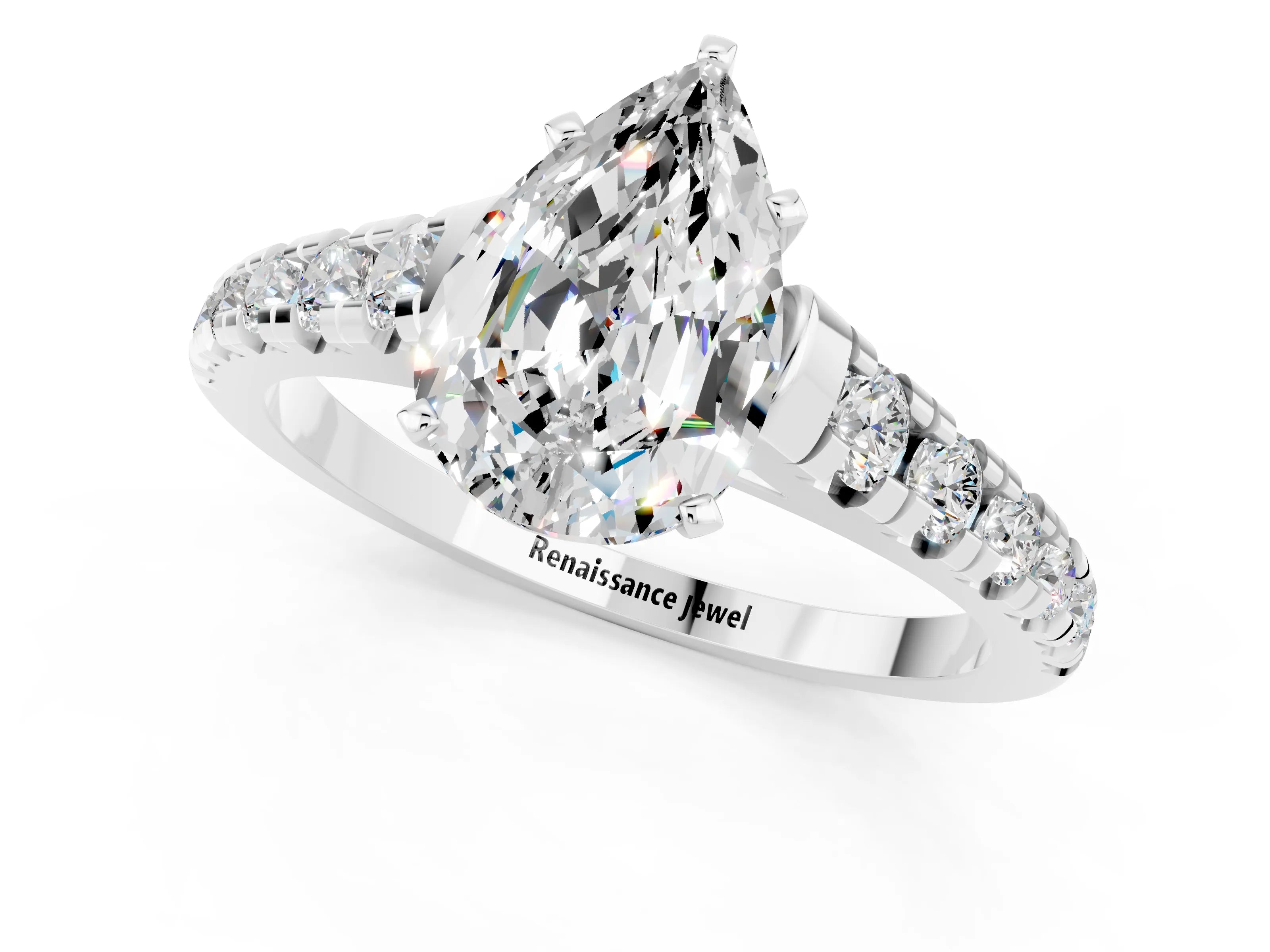 White gold Pear Cut Moissanite Solitaire Ring with Cathedral Setting and Pavé Band_1