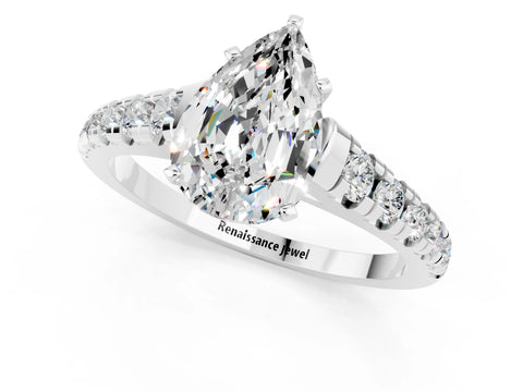 White gold Pear Cut Moissanite Solitaire Ring with Cathedral Setting and Pavé Band_1