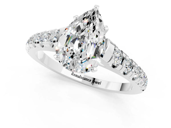 White gold Pear Cut Moissanite Cathedral Solitaire Ring with Round  Pavé Band