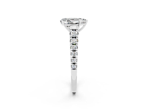 Platinum Pear Cut Moissanite Cathedral Solitaire Ring with Round  Pavé Band