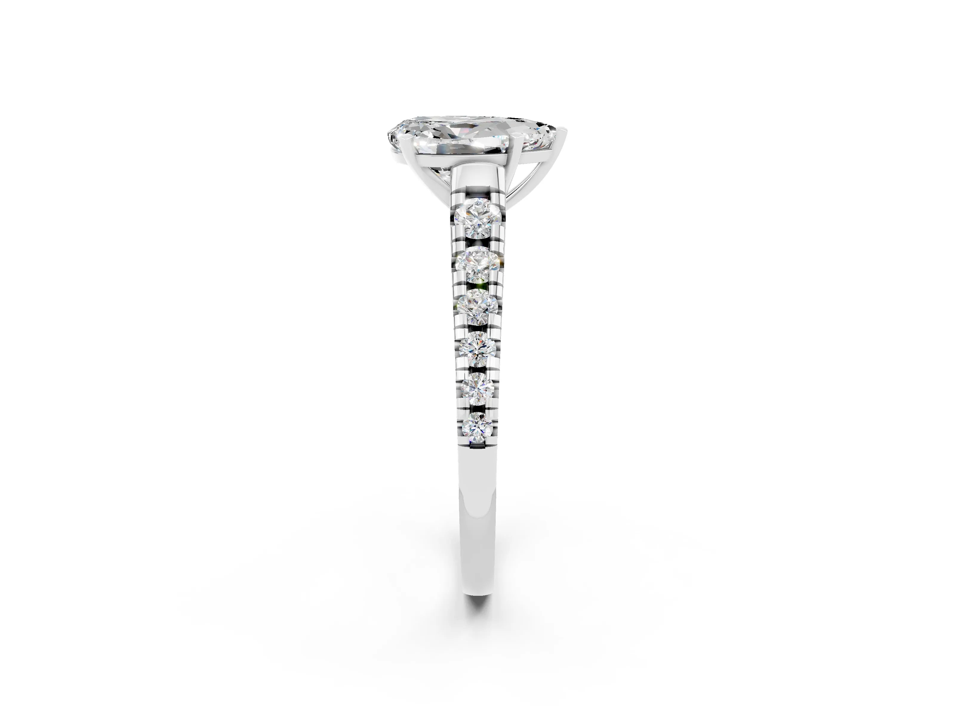 White gold Pear Cut Moissanite Solitaire Ring with Cathedral Setting and Pavé Band_2