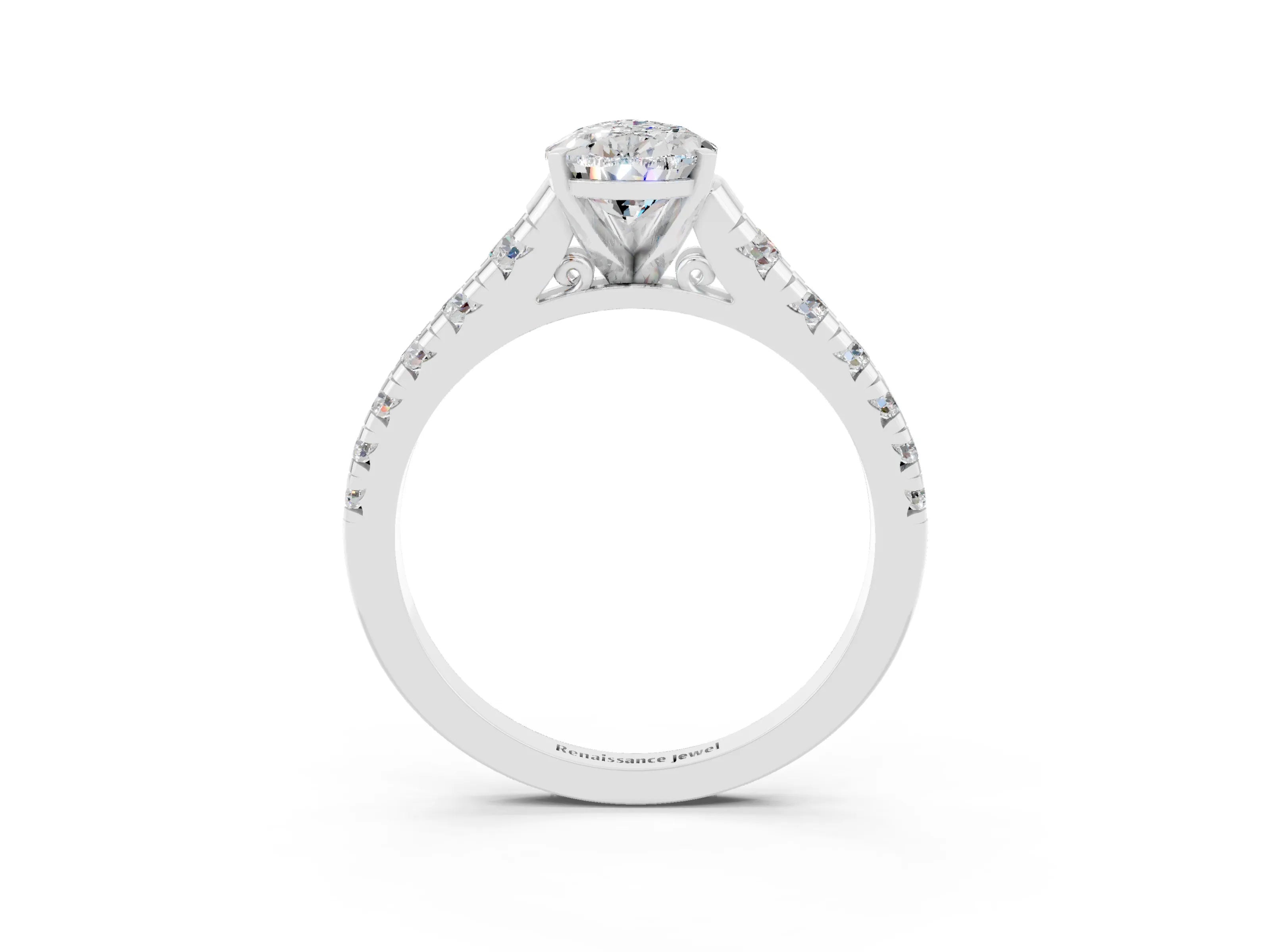 White gold Pear Cut Moissanite Solitaire Ring with Cathedral Setting and Pavé Band_3