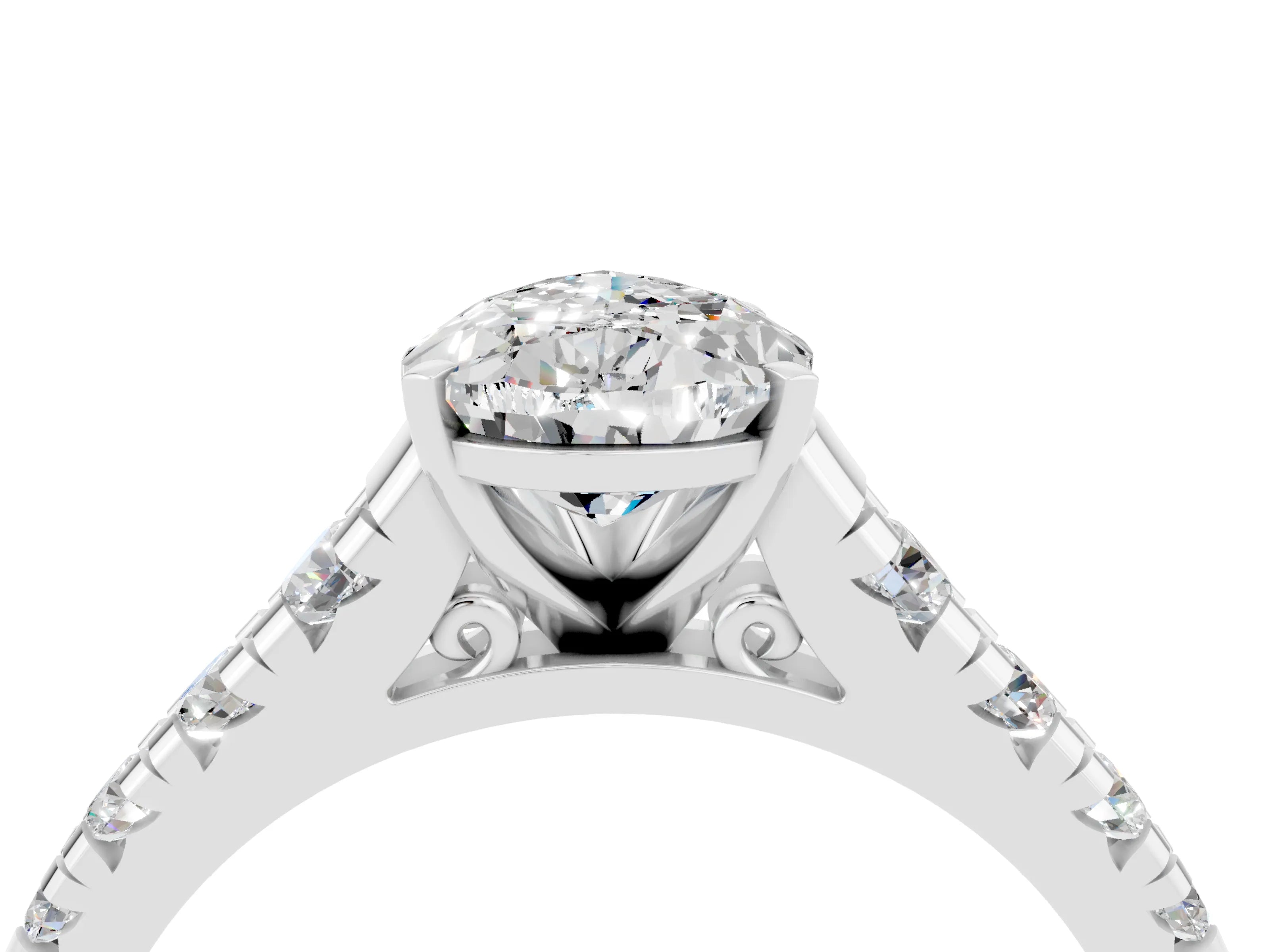 White gold Pear Cut Moissanite Solitaire Ring with Cathedral Setting and Pavé Band_4