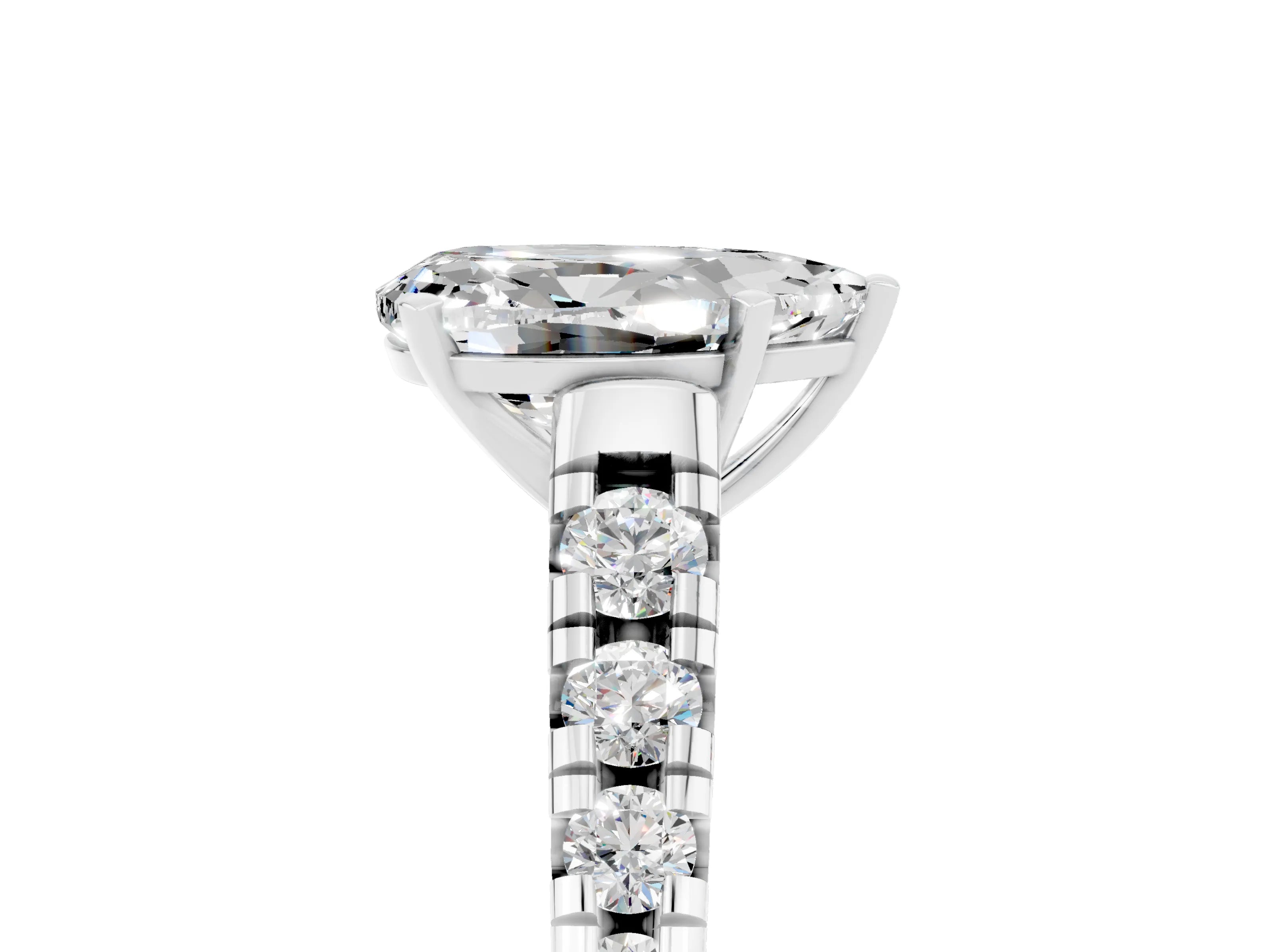 White gold Pear Cut Moissanite Solitaire Ring with Cathedral Setting and Pavé Band_5