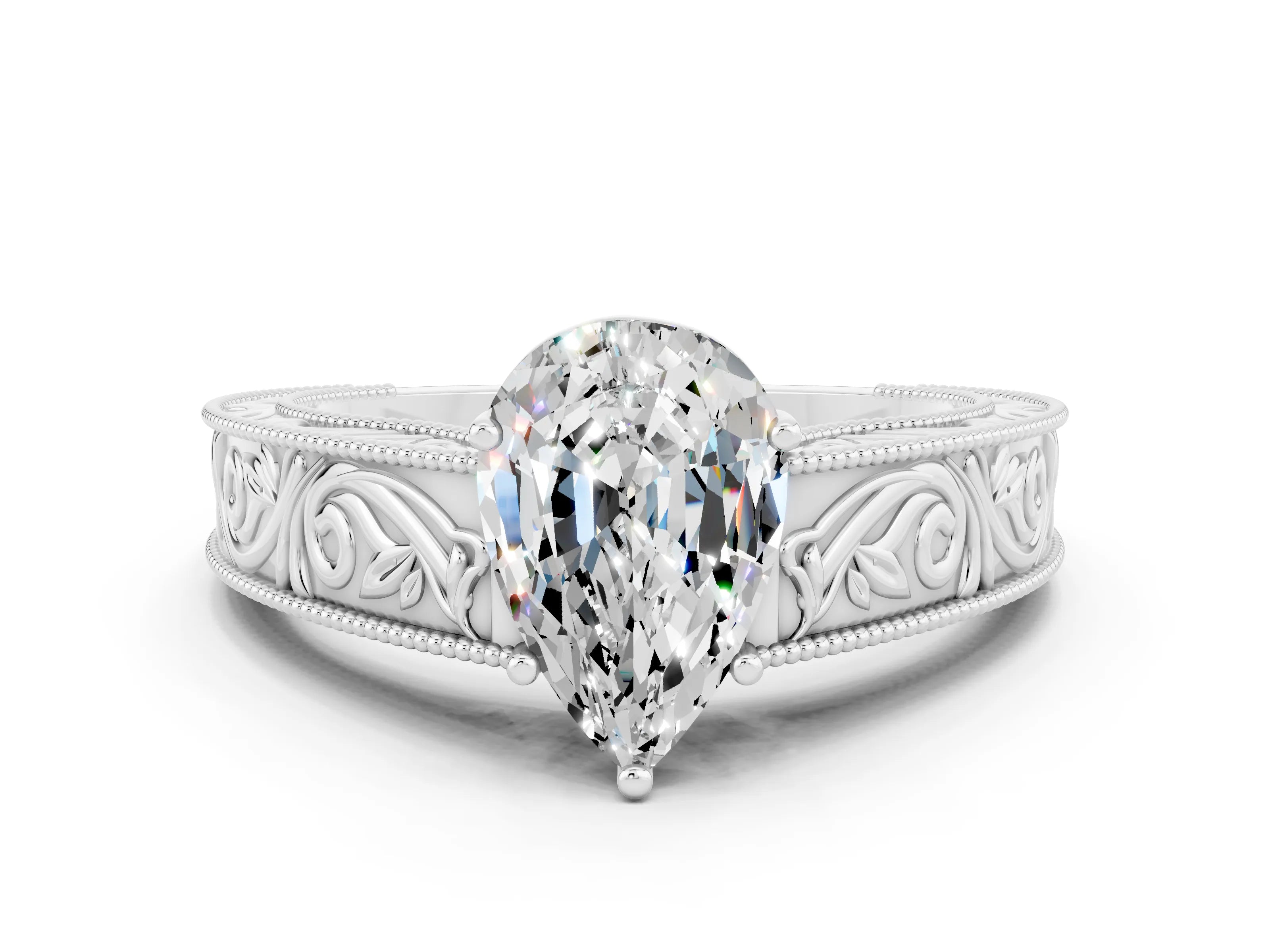 White gold Pear Cut Moissanite Solitaire Ring with Engraved Band and Four-Prong Setting