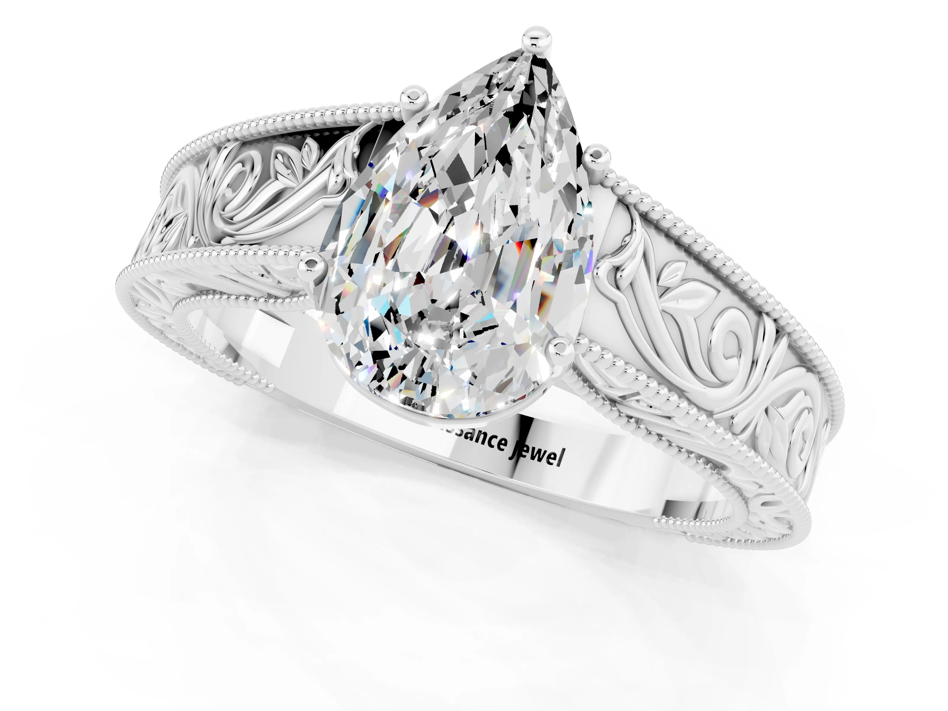 White gold Pear Cut Moissanite Solitaire Ring with Engraved Band and Four-Prong Setting_1