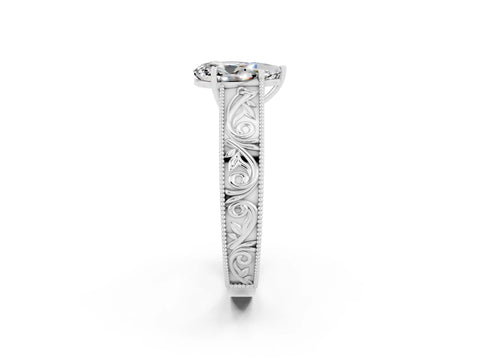 White gold Pear Cut Moissanite Solitaire Ring with Engraved Band and Four-Prong Setting_2