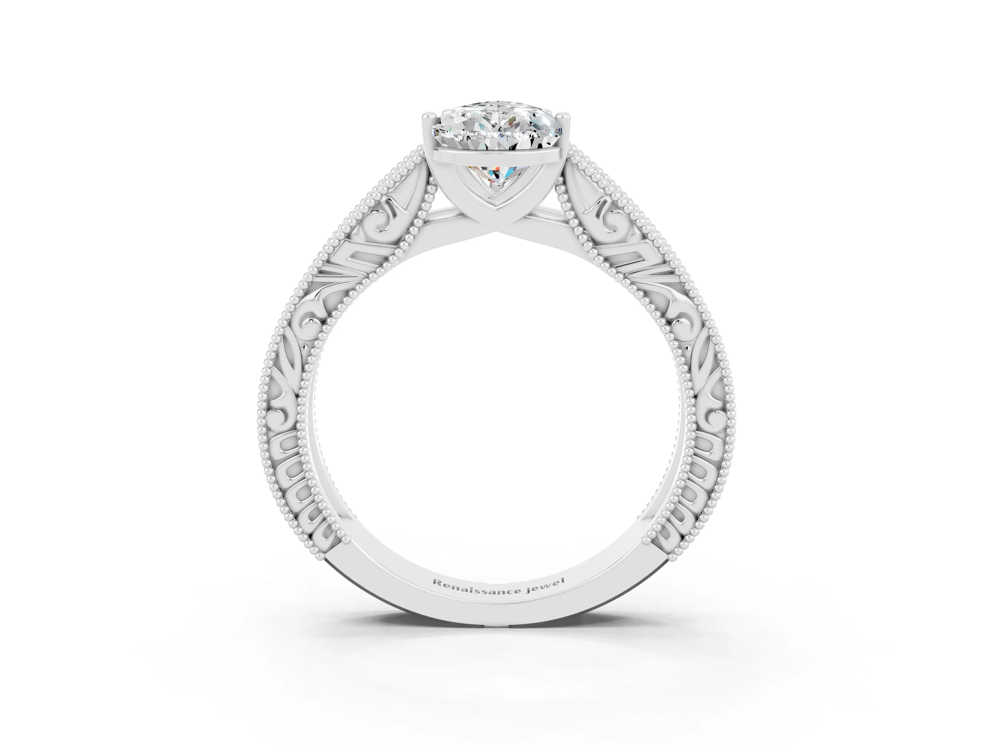 White gold Pear Cut Moissanite Solitaire Ring with Engraved Band and Four-Prong Setting_3