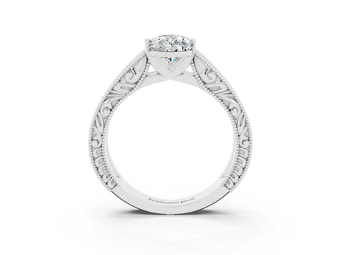 White gold Pear Cut Moissanite Solitaire Ring with Engraved Band and Four-Prong Setting_3