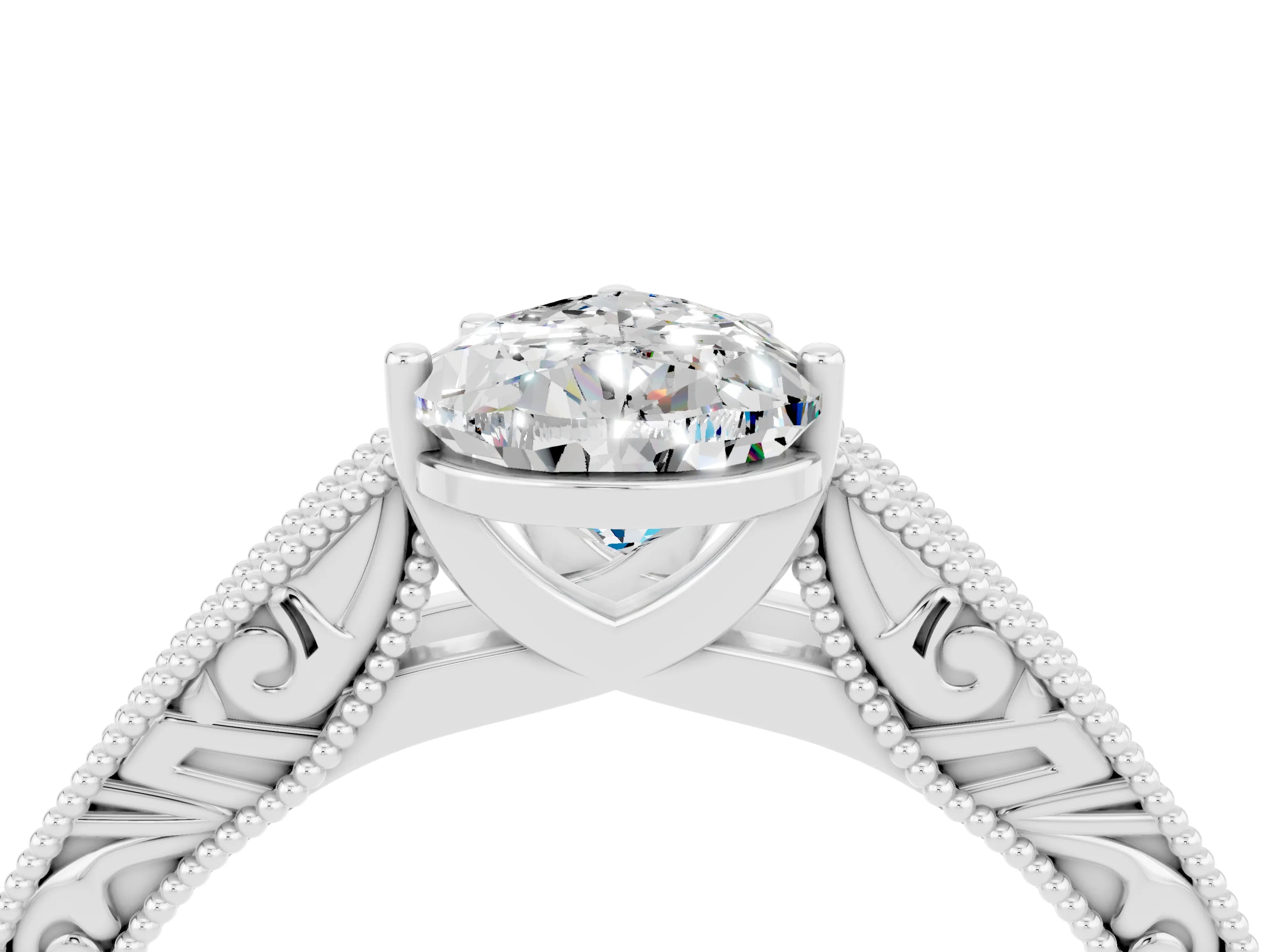 White gold Pear Cut Moissanite Solitaire Ring with Engraved Band and Four-Prong Setting_4