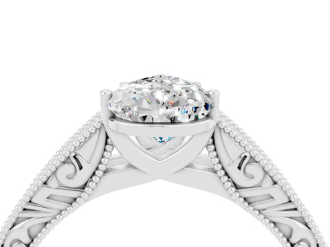 White gold Pear Cut Moissanite Solitaire Ring with Engraved Band and Four-Prong Setting_4
