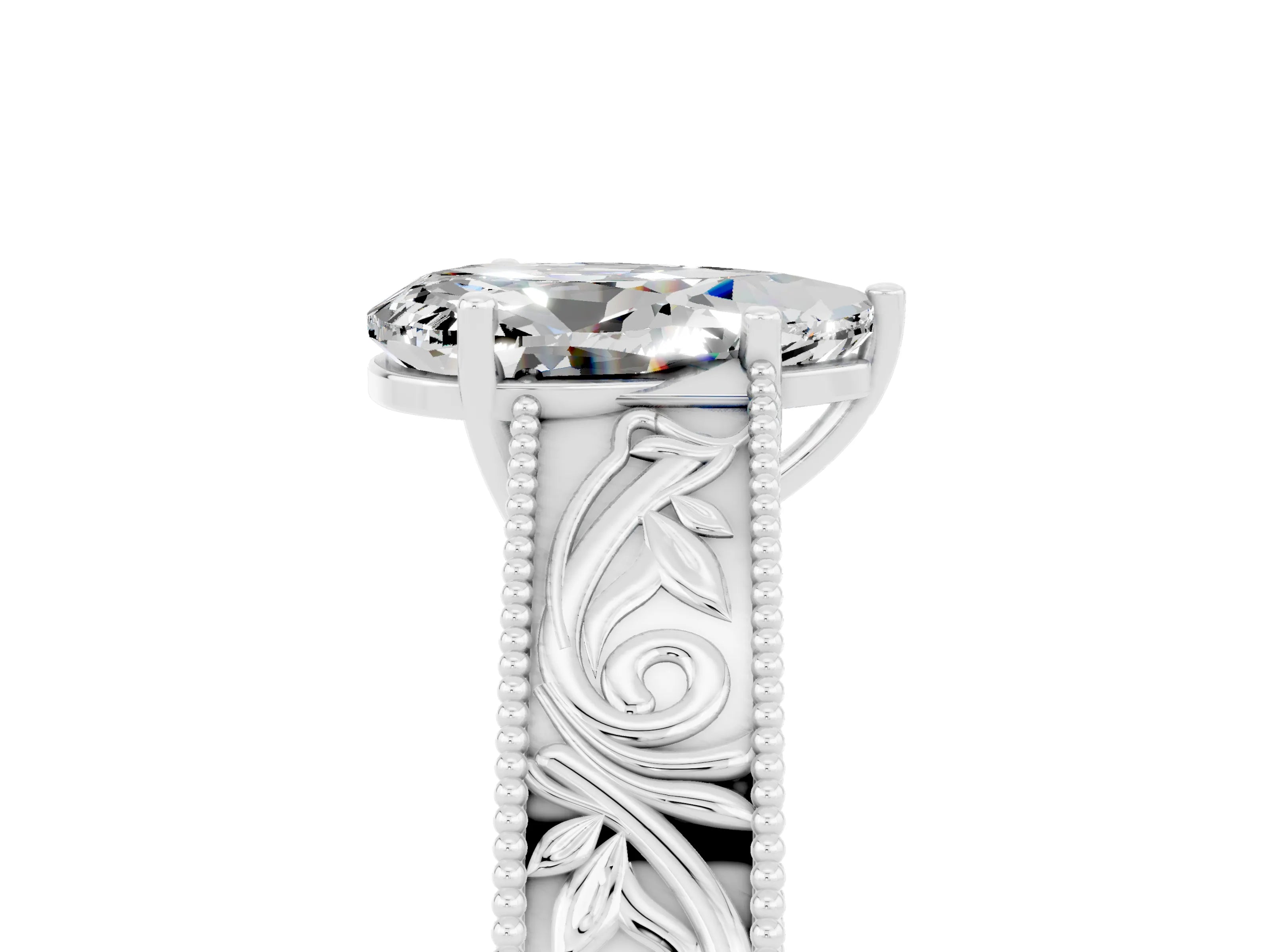 White gold Pear Cut Moissanite Solitaire Ring with Engraved Band and Four-Prong Setting_5