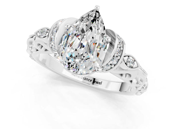 White gold Pear Cut Moissanite Solitaire Ring with Filigree Band and Four-Prong Setting