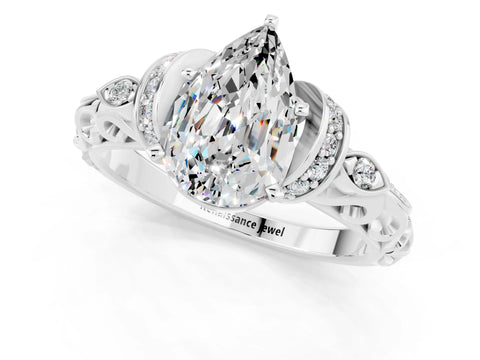 White gold Pear Cut Moissanite Solitaire Ring with Filigree Band and Four-Prong Setting_65