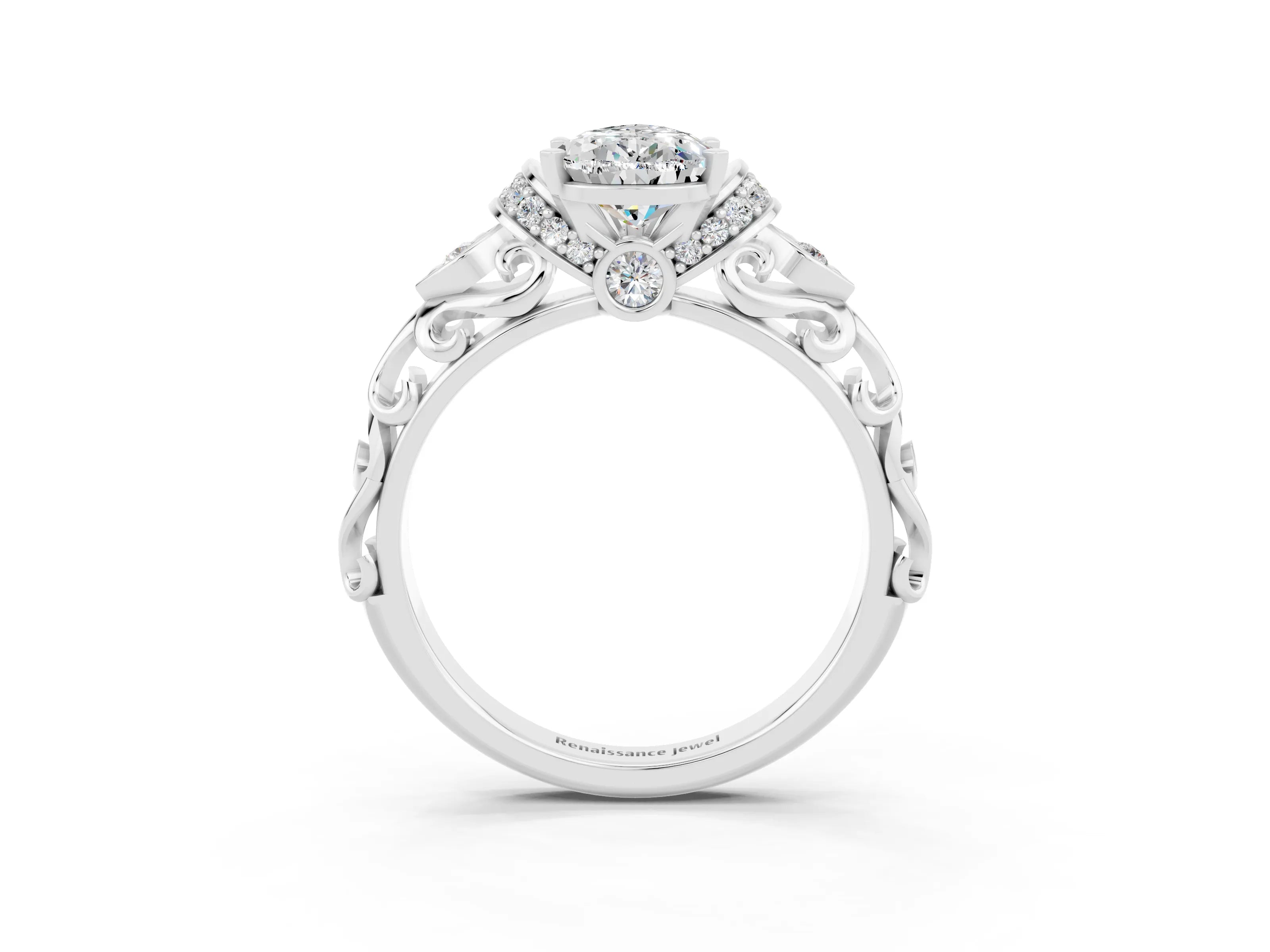 White gold Pear Cut Moissanite Solitaire Ring with Filigree Band and Four-Prong Setting_67