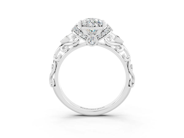 White gold Pear Cut Moissanite Solitaire Ring with Filigree Band and Four-Prong Setting