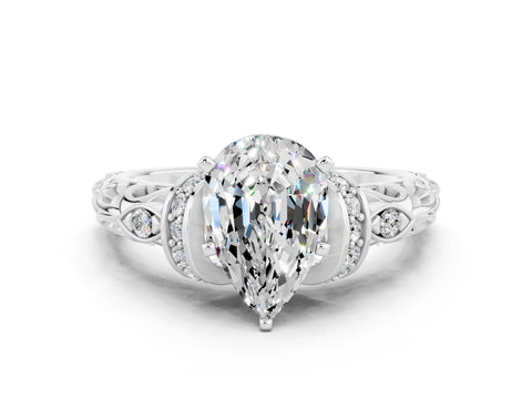 White gold Pear Cut Moissanite Solitaire Ring with Filigree Band and Four-Prong Setting_72