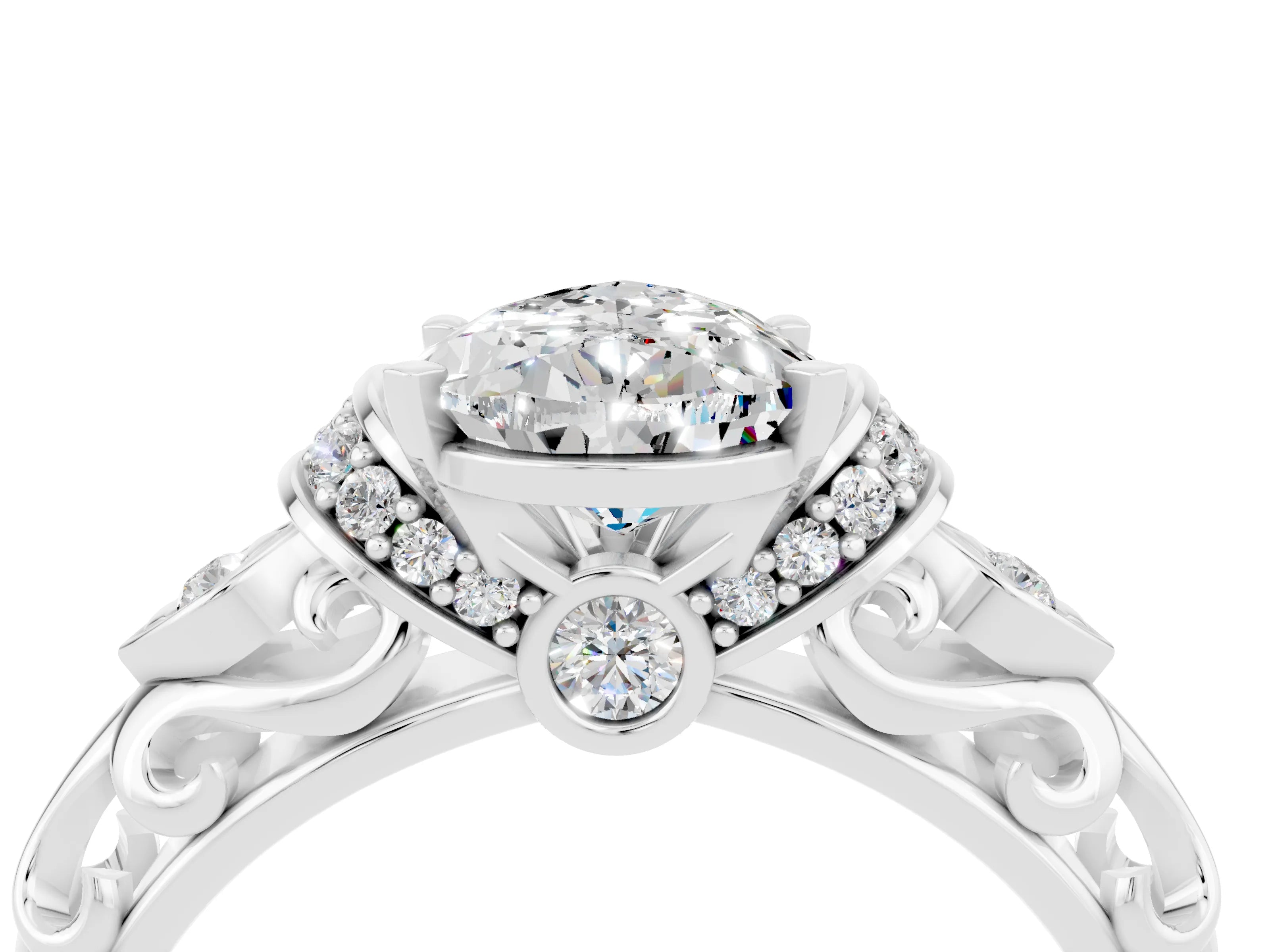 White gold Pear Cut Moissanite Solitaire Ring with Filigree Band and Four-Prong Setting_73