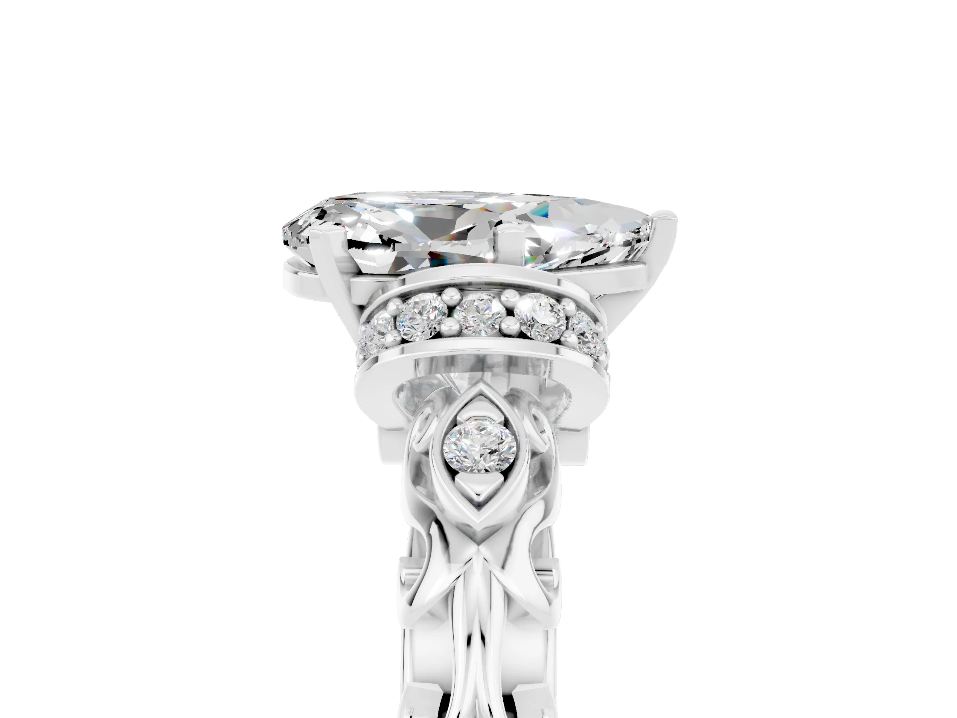 White gold Pear Cut Moissanite Solitaire Ring with Filigree Band and Four-Prong Setting_77